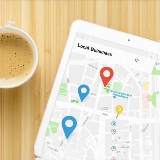 Optimized Local Business Profile Dashboard A digital tablet displaying an optimized local business profile and map location next to a coffee cup.