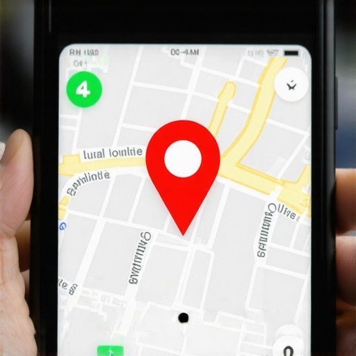 A smartphone showing a highly visible Google Maps pin location on a real-time city map layout