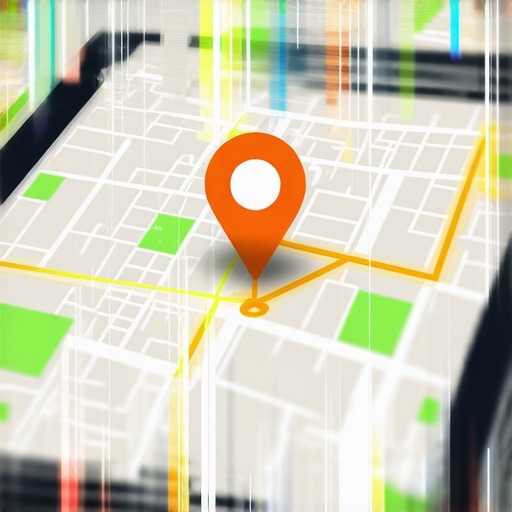 A digital map showing a highlighted business pin with data connections to nearby local areas.