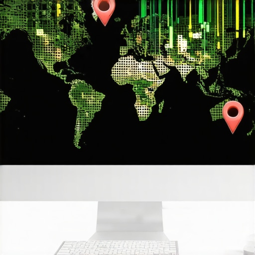 A desktop monitor displaying map optimization code and local map pins highlighting local visibility strategy.