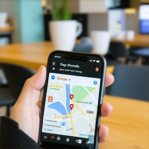A hand holding a phone displaying a well-optimized Google Maps business listing in a local shop.