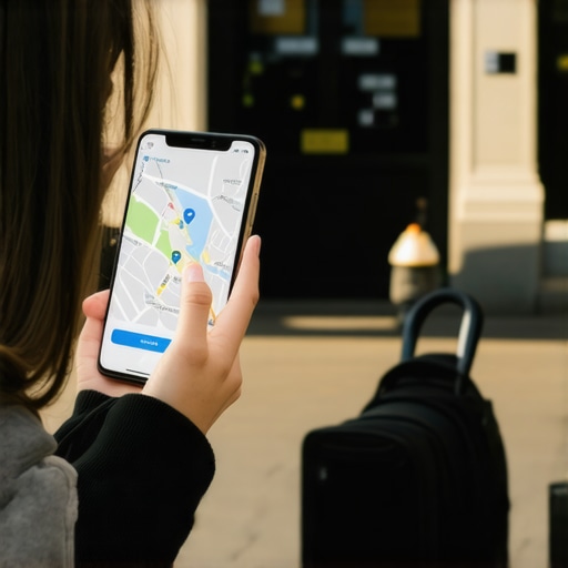 Person using smartphone to interact with a Google Maps business listing on a city sidewalk