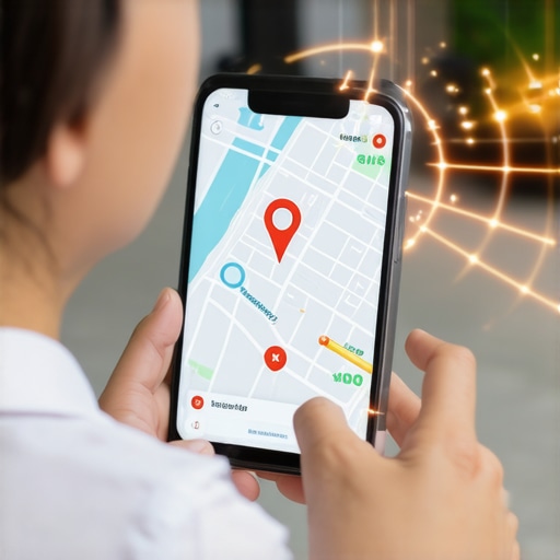 A smartphone showing a local map with interactive signal rings around a business pin