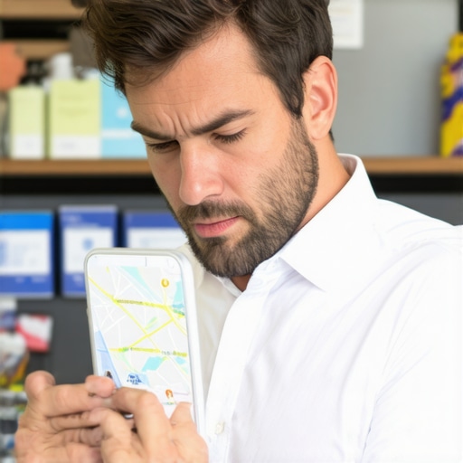 Business owner checking smartphone for local map rankings in their shop.