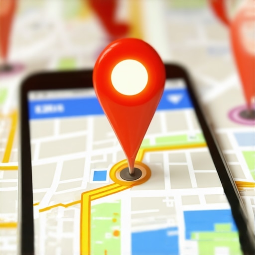Precision Map Pin Targeting Close-up of a smartphone displaying a prioritized map pin for a local business.