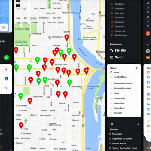 A grid-based local SEO tracking map showing ranking visibility across different neighborhood coordinates.