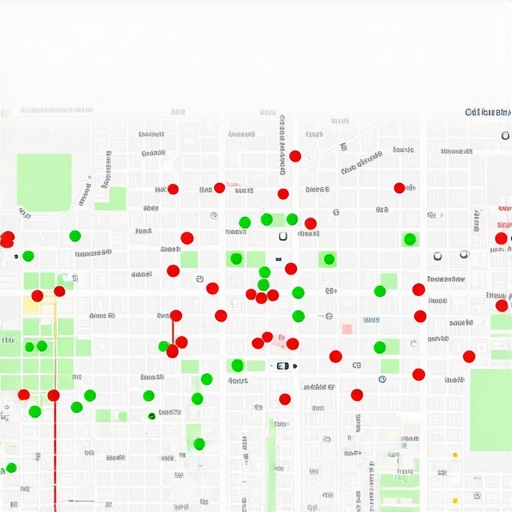 A digital map grid showing local SEO ranking positions across a neighborhood.