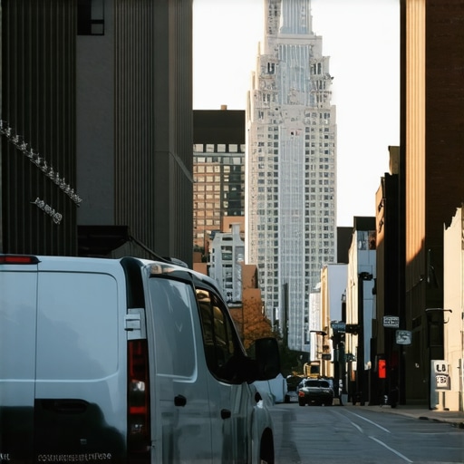 A business delivery van parked near a city landmark to demonstrate service area reach.