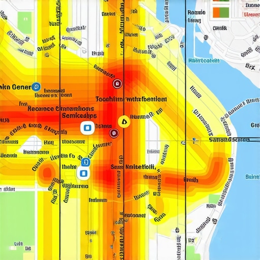 A heatmap illustrating how a business's Google Maps visibility decreases as distance from the physical office increases.