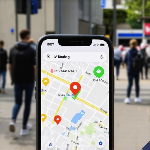 Smartphone displaying local map listing with user interactions on a busy city street