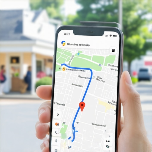 Smartphone showing Google Maps directions to a local business storefront