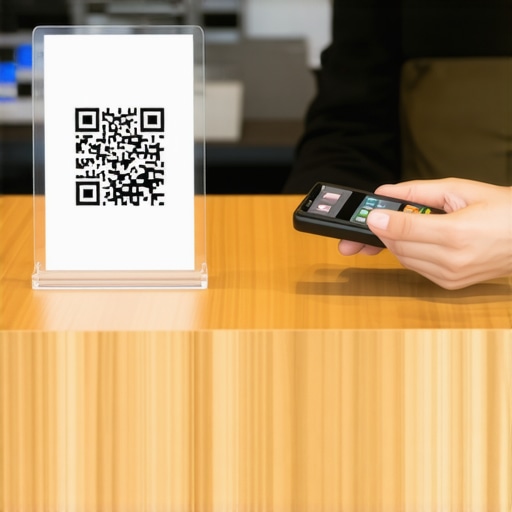 Scanning QR Code at Checkout A customer scans a QR code on a counter with their smartphone to quickly leave a business review.