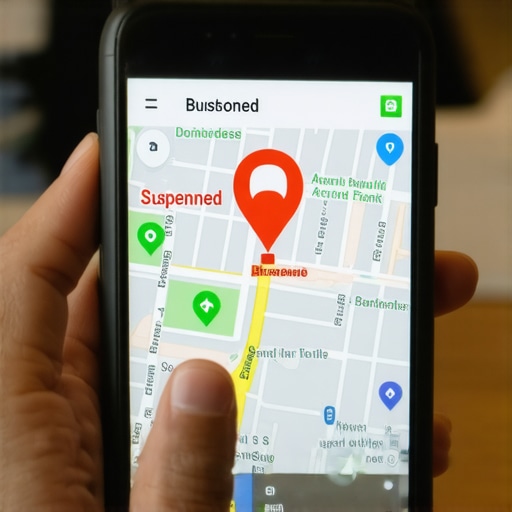The danger of business profile suspension Smartphone displaying a suspended Google Business Profile on a map