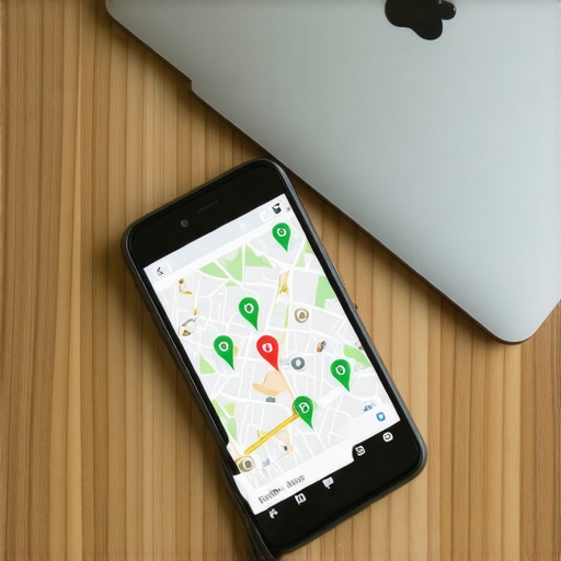 A smartphone screen showing a local map search ranking grid on a wooden desk.