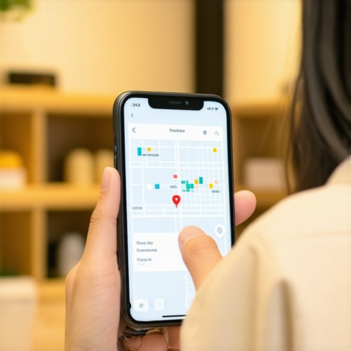 A smartphone displaying a geocoded local search rank grid inside a business office