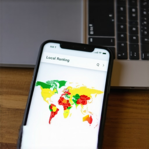 A smartphone showing local search grid ranking results on an office desk