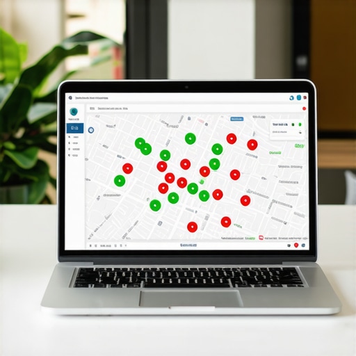 A local SEO ranking grid showing business visibility across different neighborhood coordinates.