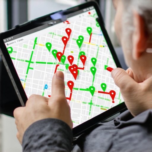 A tablet screen displaying a local SEO heatmap with various ranking points over a city neighborhood.
