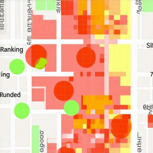 A map heatmap showing different levels of local search visibility across a geographic area.