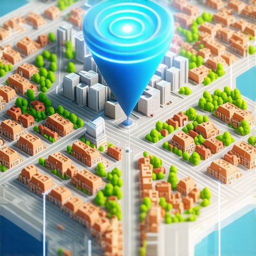 A map showing a business pin expanding its reach through signal waves into surrounding neighborhoods.