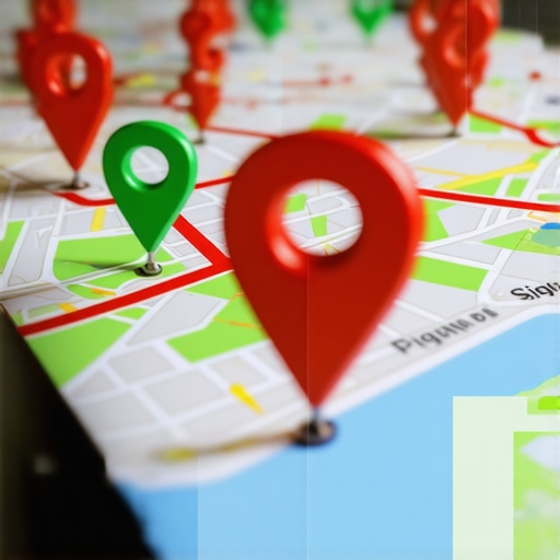 A digital tablet displaying a map with pin clusters showing various search ranking levels in different neighborhoods.