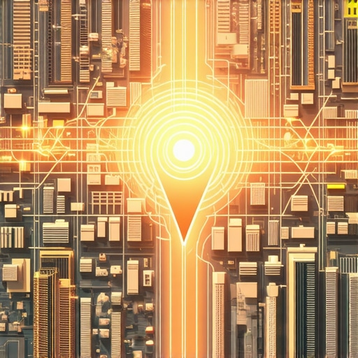 A map showing a business pin with expanding circles of visibility over a city grid.