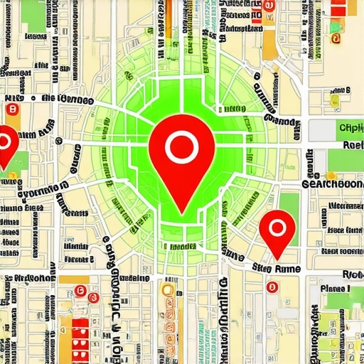 A city grid heatmap showing local search visibility and ranking radius limits.