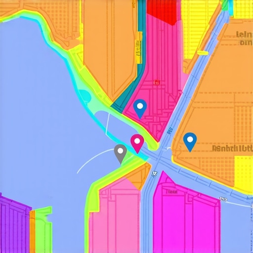 A digital map showing local search visibility heatmaps and business pins across different zip codes.